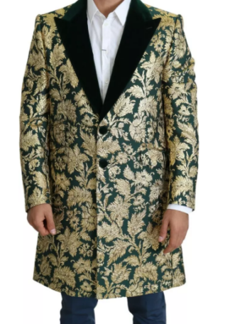 .Dolce & Gabbana Sicilia Green Gold Jacquard Long Coat