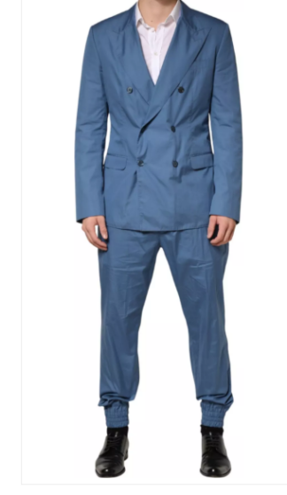 Blue Cotton Double-Breasted 2-Piece Men’s Suit